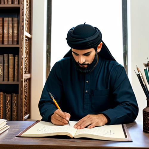 Home 4 Modern Arabic Calligraphy Workspace**
"A bright, modern workspace featuring an Arabic calligrapher diligently practicing with traditional qalam pens and ink on fine paper. The scene is bathed in natural light, highlighting intricate details of the script and the craftsman's skilled hands. Shelves are filled with leather-bound books and calligraphy tools. A cup of cardamom-spiced Arabic coffee sits nearby. Fully clothed, modest attire, professional setting, safe for work, perfect anatomy, natural proportions, high quality, family-friendly, appropriate content."
**