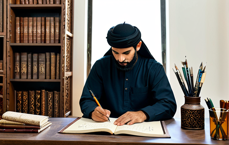 Modern Arabic Calligraphy Workspace**
"A bright, modern workspace featuring an Arabic calligrapher diligently practicing with traditional qalam pens and ink on fine paper. The scene is bathed in natural light, highlighting intricate details of the script and the craftsman's skilled hands. Shelves are filled with leather-bound books and calligraphy tools. A cup of cardamom-spiced Arabic coffee sits nearby. Fully clothed, modest attire, professional setting, safe for work, perfect anatomy, natural proportions, high quality, family-friendly, appropriate content."
**